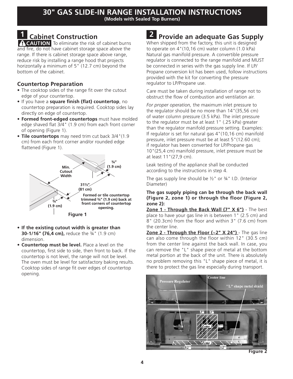 30" gas slide-in range installation instructions, Provide an adequate gas supply, Cabinet construction | FRIGIDAIRE FFGS3025LS User Manual | Page 4 / 32
