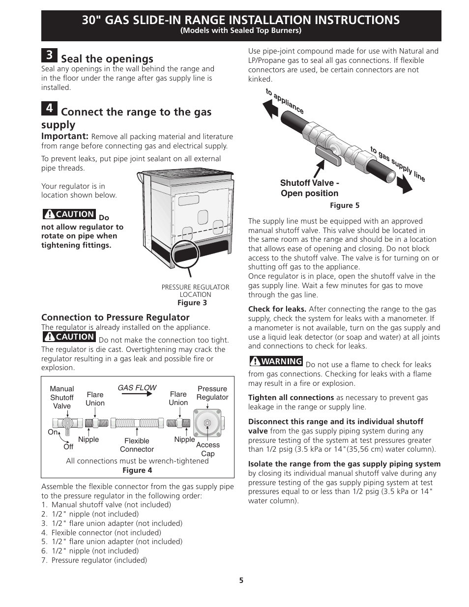 30" gas slide-in range installation instructions, Seal the openings, Connect the range to the gas supply | FRIGIDAIRE FFGS3025LS User Manual | Page 5 / 32