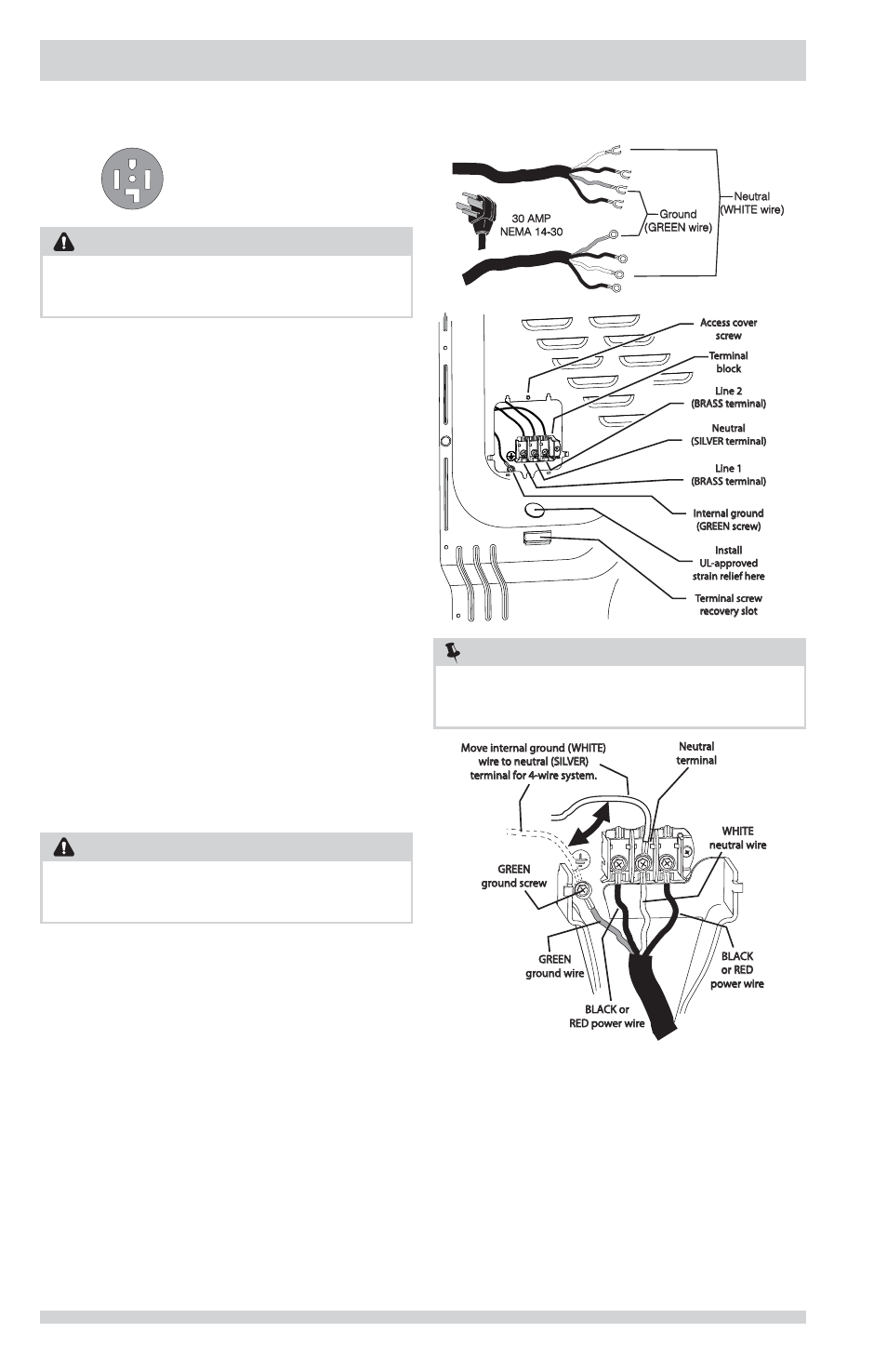 Installation instructions, Warning, Wire receptacle (nema type 14-30r) | Electrical connection (non-canada) - 4 wire cord | FRIGIDAIRE FFSE5115PA User Manual | Page 18 / 76