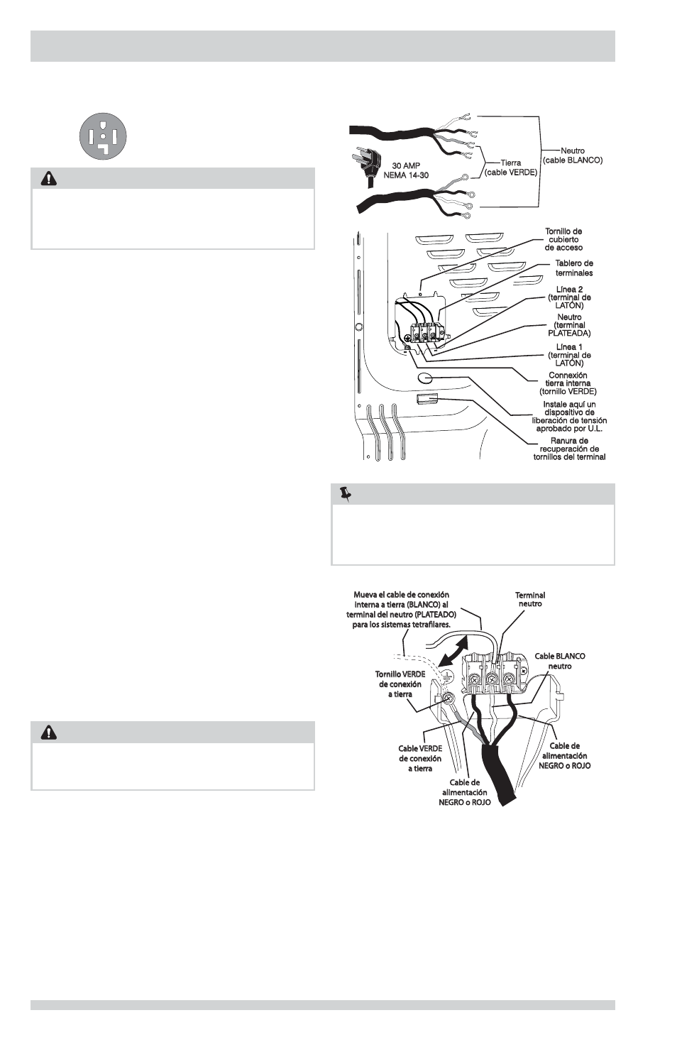 Instrucciones de instalación, Advertencia, Nota | Conexión eléctrica (fuera de canadá): tetrafi lar, Receptáculo tetrafi lar (tipo nema 14-30r) | FRIGIDAIRE FFSE5115PA User Manual | Page 66 / 76