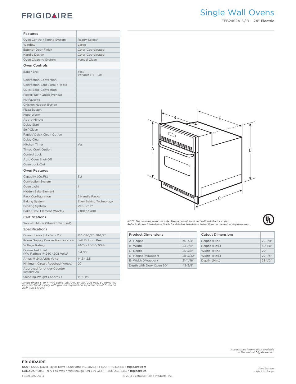 24" single electric wall ovens frigidaire baseline, Single wall ovens, Ed b c a | FRIGIDAIRE FEB24S2AB User Manual | Page 2 / 7