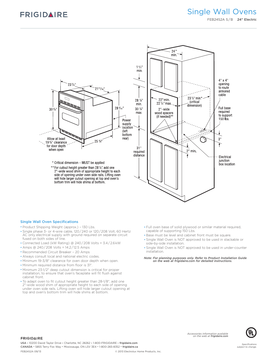 24" single electric wall ovens baseline, Single wall ovens | FRIGIDAIRE FEB24S2AB User Manual | Page 3 / 7