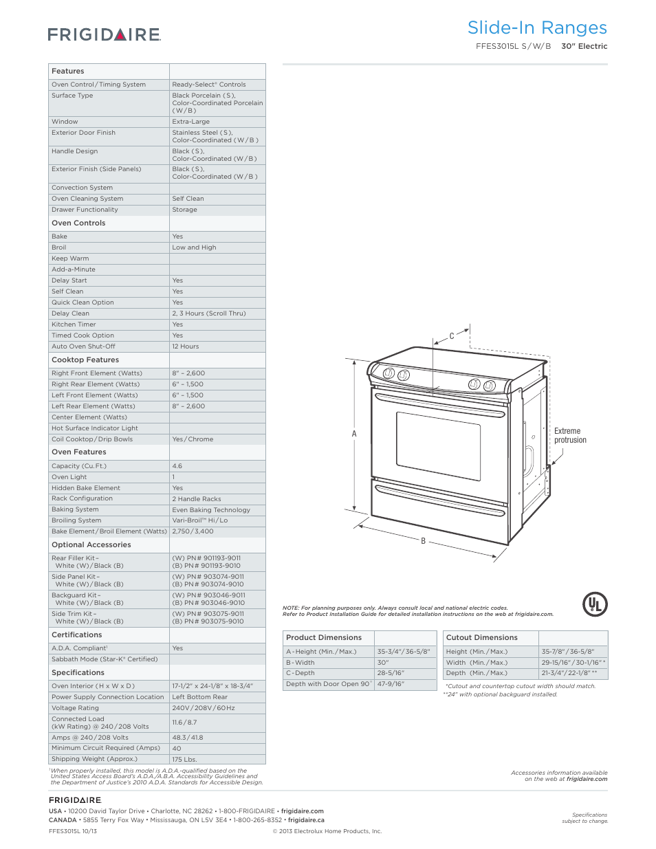 Slide-in electric ranges frigidaire baseline, Slide-in ranges | FRIGIDAIRE FFES3015LW User Manual | Page 2 / 7