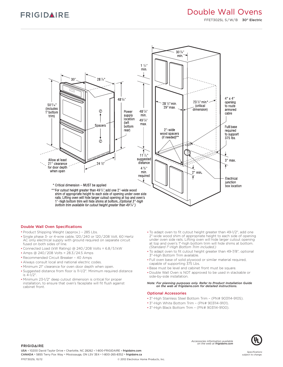 30" double electric wall oven baseline, Double wall ovens | FRIGIDAIRE FFET3025LS User Manual | Page 3 / 6