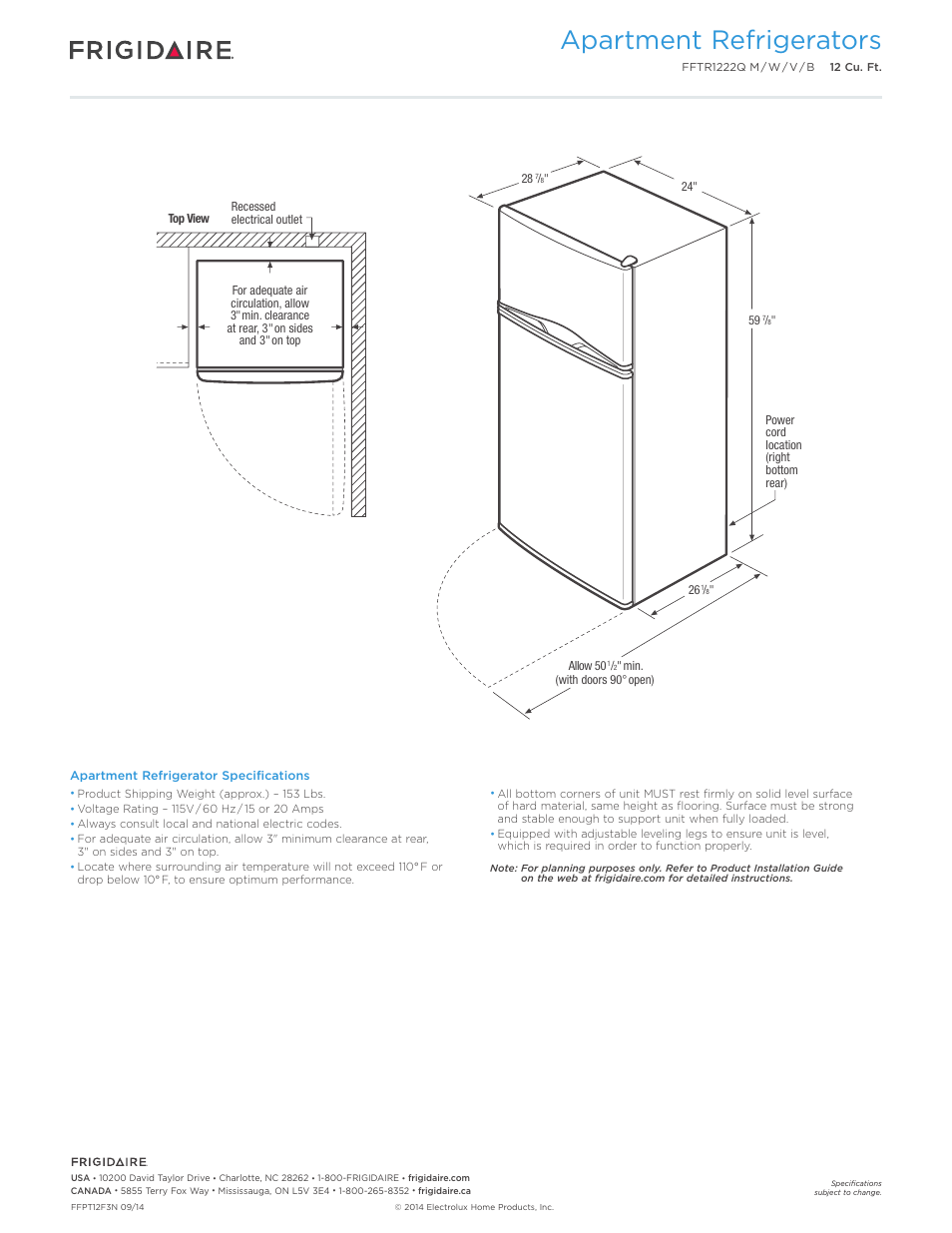 Apartment refrigerators | FRIGIDAIRE FFTR1222QW User Manual | Page 3 / 3