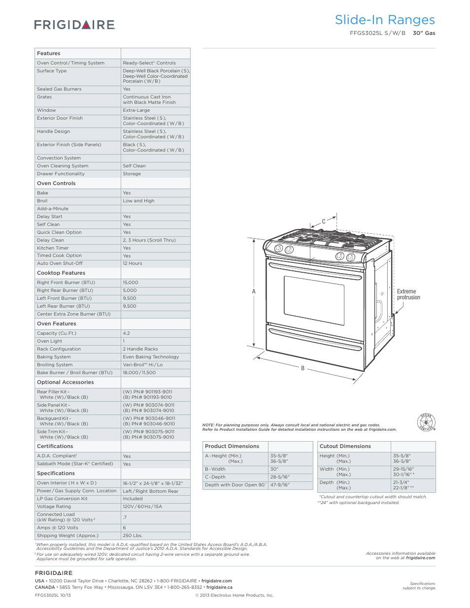 Slide-in gas ranges frigidaire baseline, Slide-in ranges | FRIGIDAIRE FFGS3025LS User Manual | Page 2 / 7