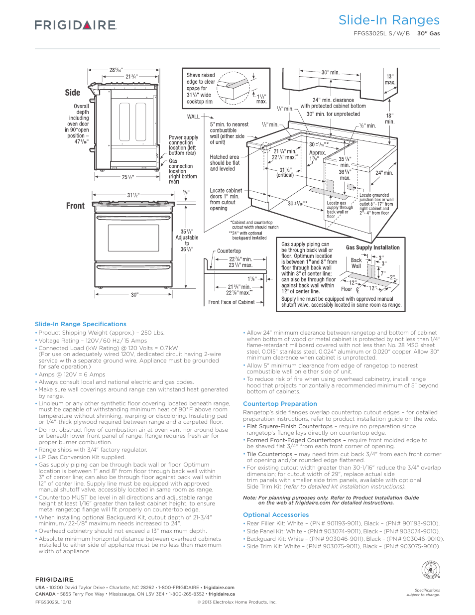 30" gas slide-in range frig baseline, Slide-in ranges | FRIGIDAIRE FFGS3025LS User Manual | Page 3 / 7