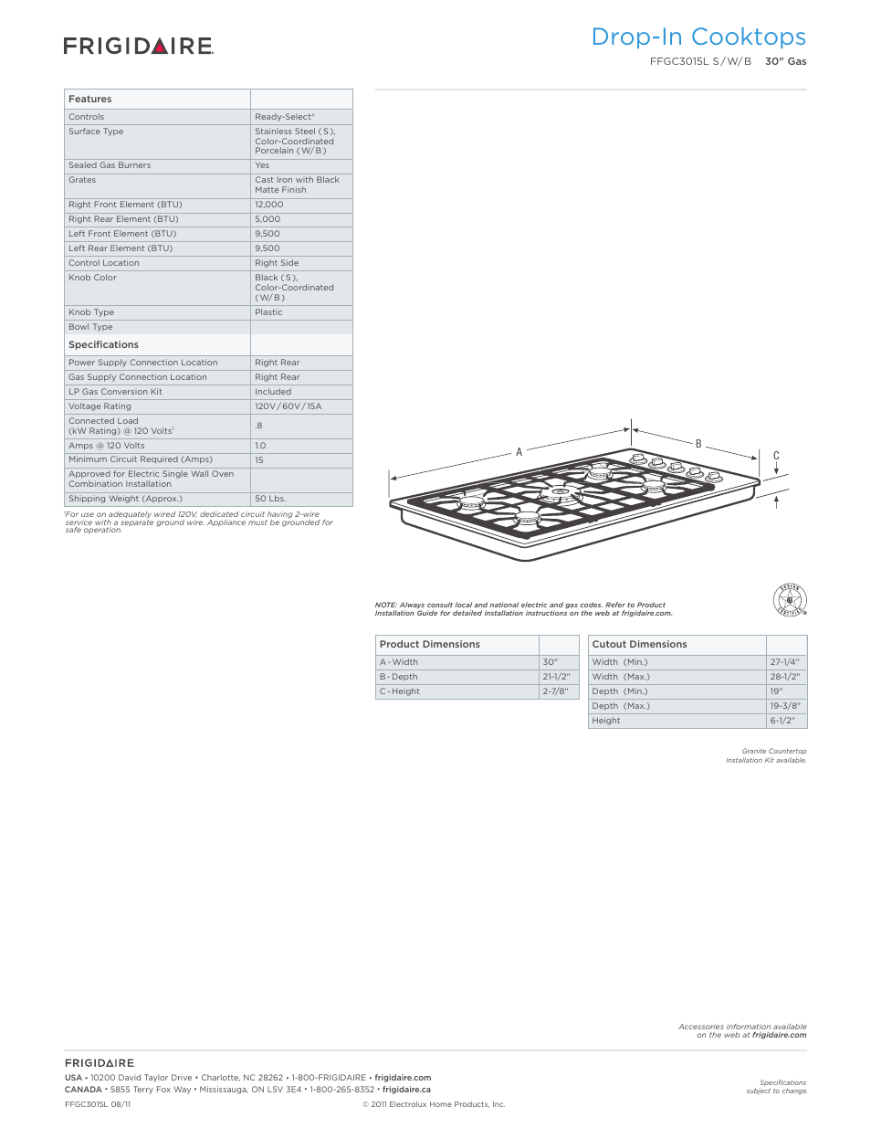 Drop-in gas cooktops frigidaire baseline, Drop-in cooktops | FRIGIDAIRE FFGC3015LS User Manual | Page 2 / 5