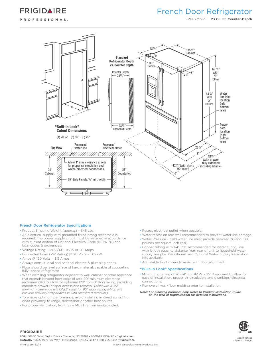 French door refrigerator | FRIGIDAIRE FPHF2399PF User Manual | Page 3 / 4