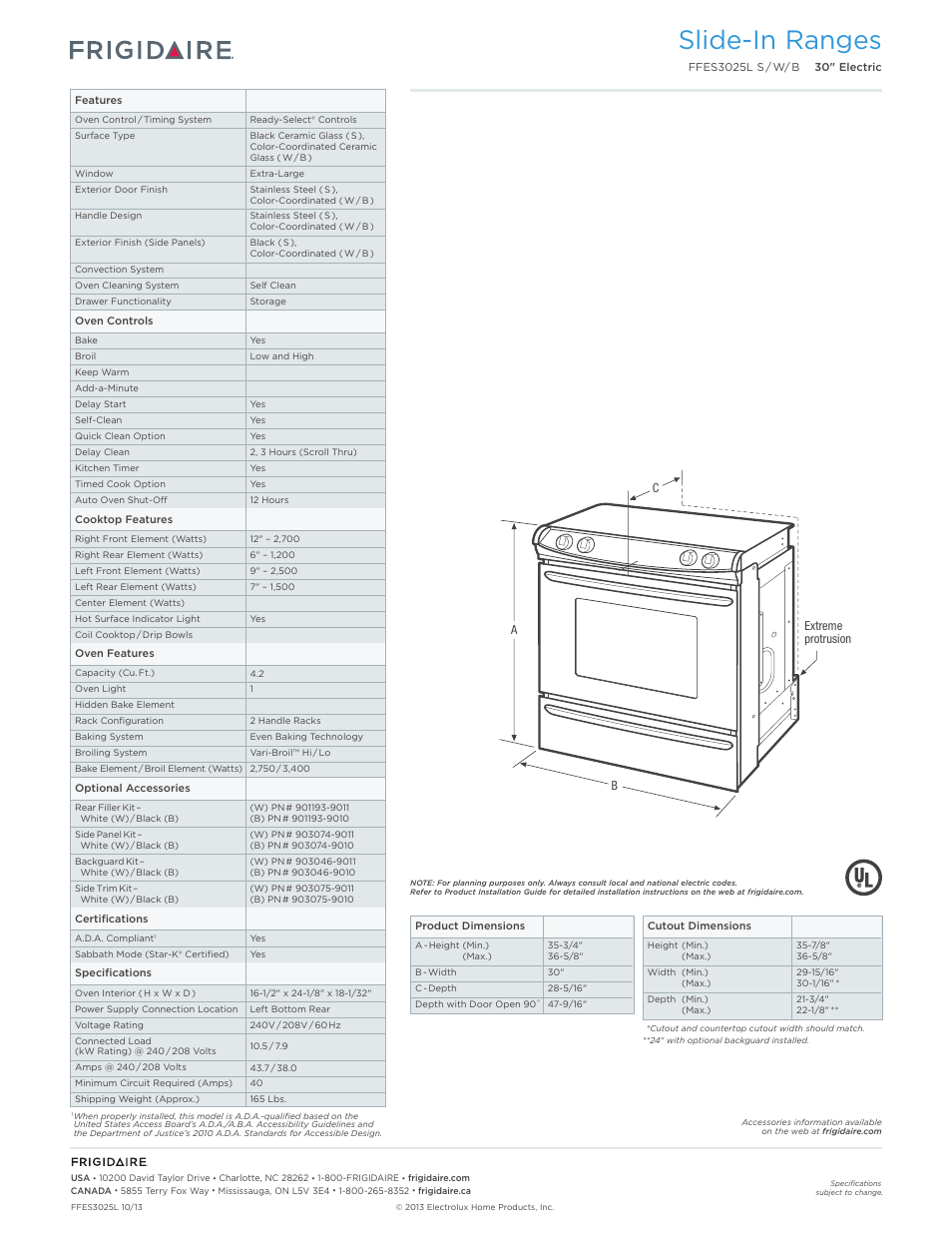 Slide-in electric ranges frigidaire baseline, Slide-in ranges | FRIGIDAIRE FFES3025LB User Manual | Page 2 / 7