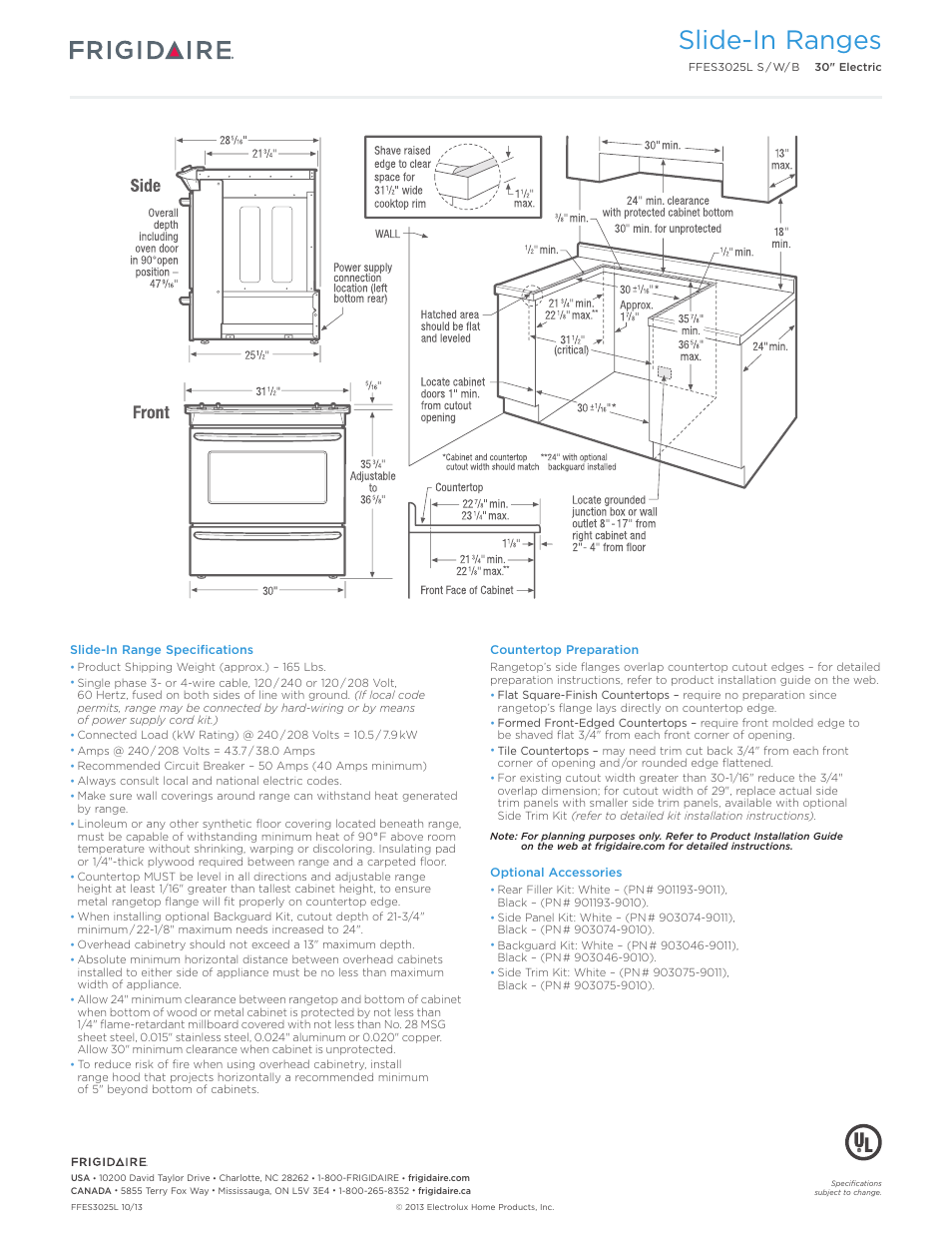 30" electric slide-in range frigidaire baseline, Slide-in ranges | FRIGIDAIRE FFES3025LB User Manual | Page 3 / 7