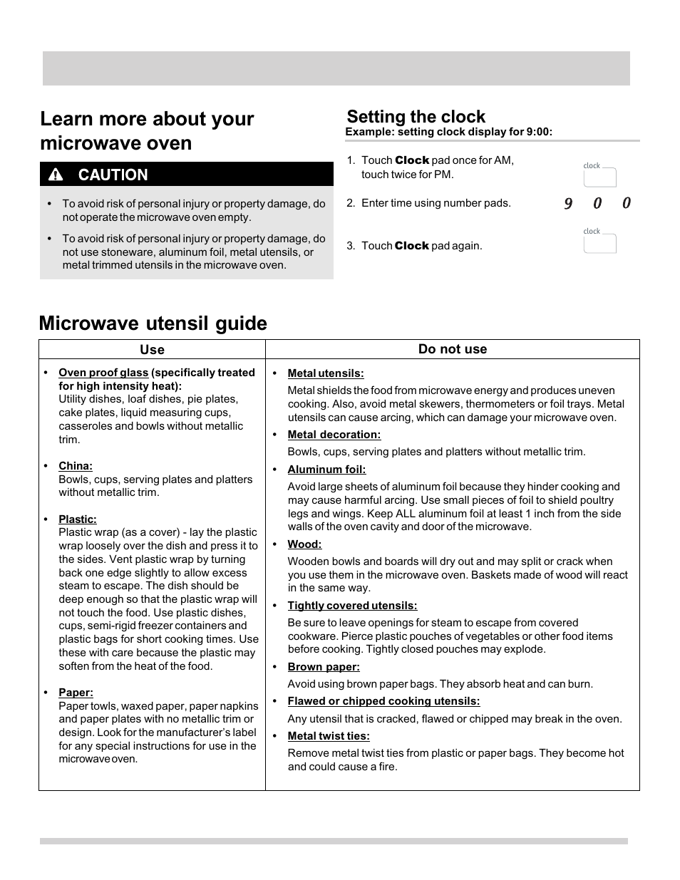 Before operating, Learn more about your microwave oven, Microwave utensil guide | Setting the clock | FRIGIDAIRE FFMV162LB User Manual | Page 10 / 25