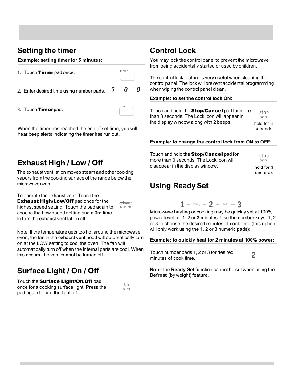 Manual cooking, Setting the timer, Exhaust high / low / off | Surface light / on / off, Control lock, Using ready set | FRIGIDAIRE FFMV162LB User Manual | Page 11 / 25