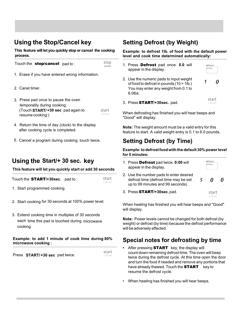 Manual cooking, Using the key, Using the stop/cancel key | Setting defrost (by weight), Setting defrost (by time), Start/+ 30 sec | FRIGIDAIRE FFMV162LB User Manual | Page 13 / 25