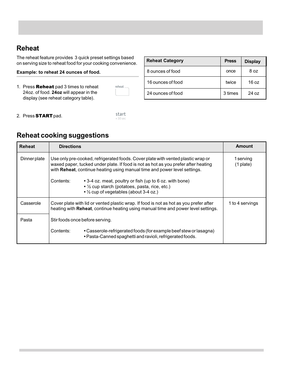 Manual cooking, Reheat, Reheat cooking suggestions | FRIGIDAIRE FFMV162LB User Manual | Page 15 / 25