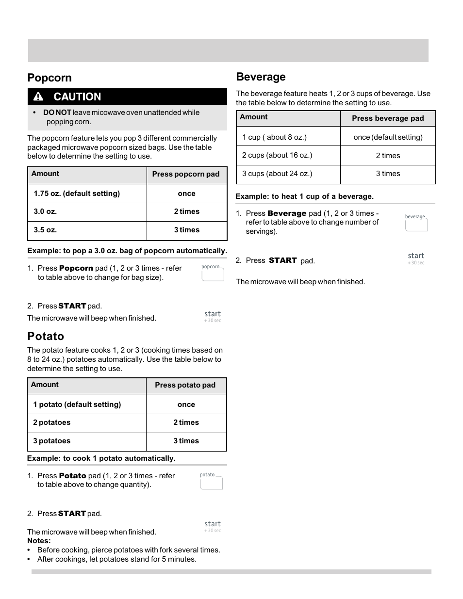 Auto cooking, Beverage, Potato | Popcorn | FRIGIDAIRE FFMV162LB User Manual | Page 17 / 25