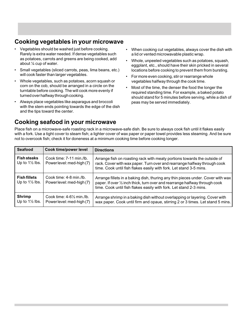 Cooking charts, Cooking vegetables in your microwave, Cooking seafood in your microwave | FRIGIDAIRE FFMV162LB User Manual | Page 20 / 25