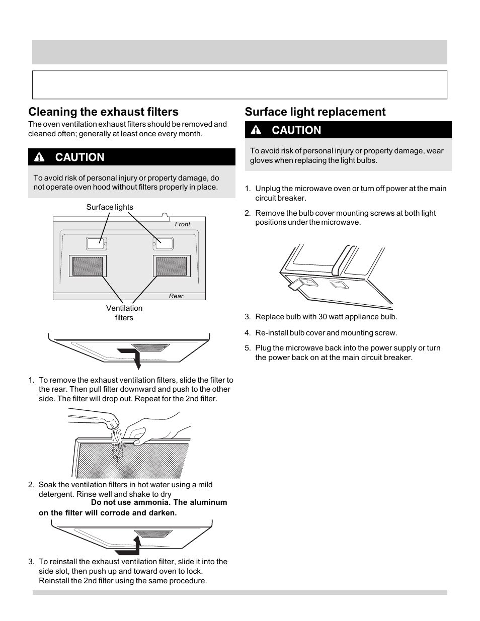 Cleaning and care, Cleaning the exhaust filters, Surface light replacement | FRIGIDAIRE FFMV162LB User Manual | Page 21 / 25