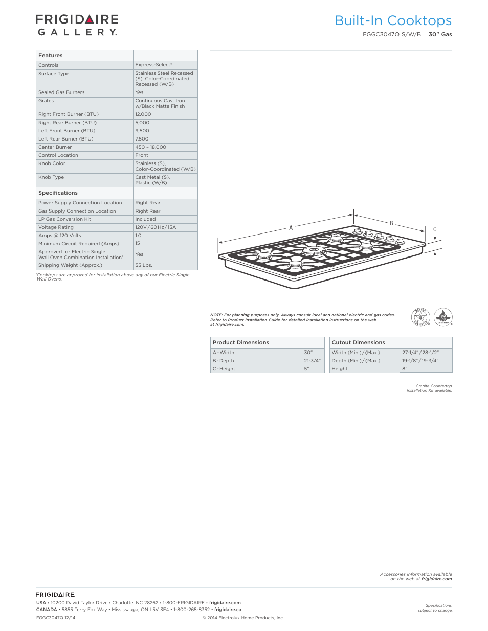 Drop-in gas cooktops frigidaire baseline, Built-in cooktops | FRIGIDAIRE FGGC3047QS User Manual | Page 2 / 5