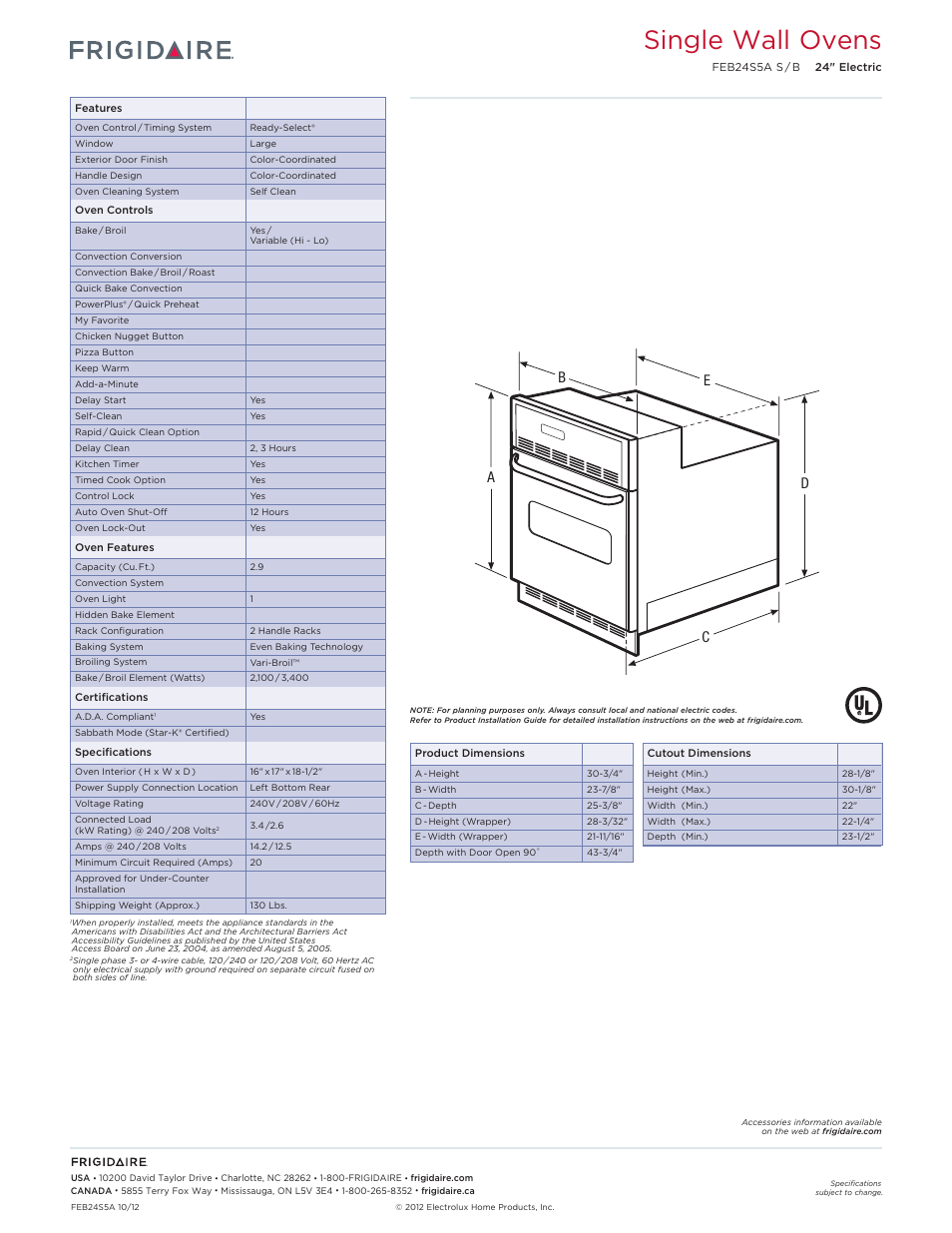 24" single electric wall ovens frigidaire baseline, Single wall ovens, Ed b c a | FRIGIDAIRE FEB24S5AS User Manual | Page 2 / 6