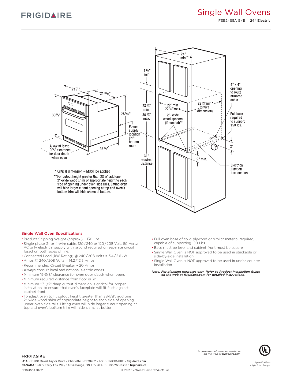 24" single electric wall ovens baseline, Single wall ovens | FRIGIDAIRE FEB24S5AS User Manual | Page 3 / 6