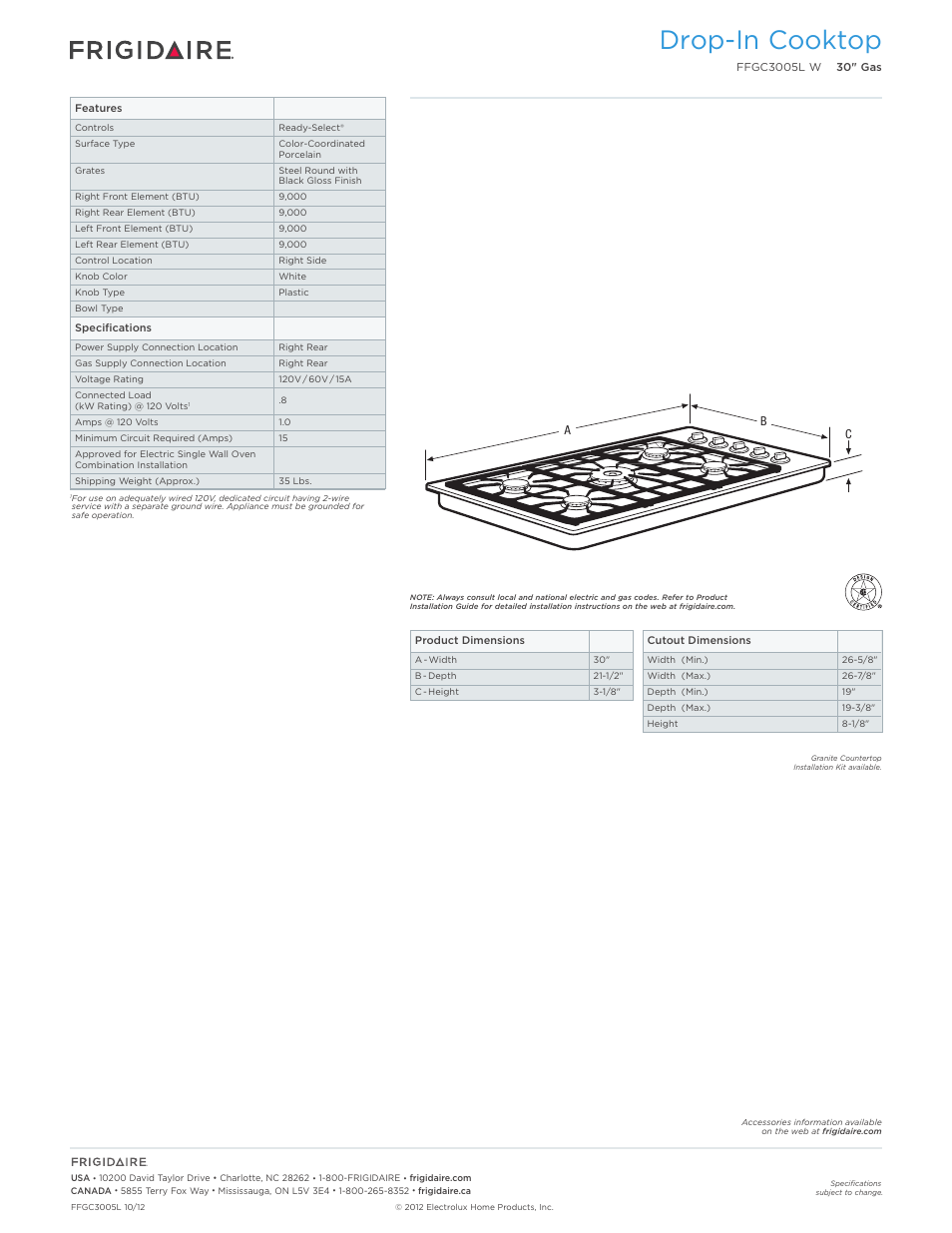 Drop-in gas cooktops frigidaire baseline, Drop-in cooktop | FRIGIDAIRE FFGC3005LW User Manual | Page 2 / 5