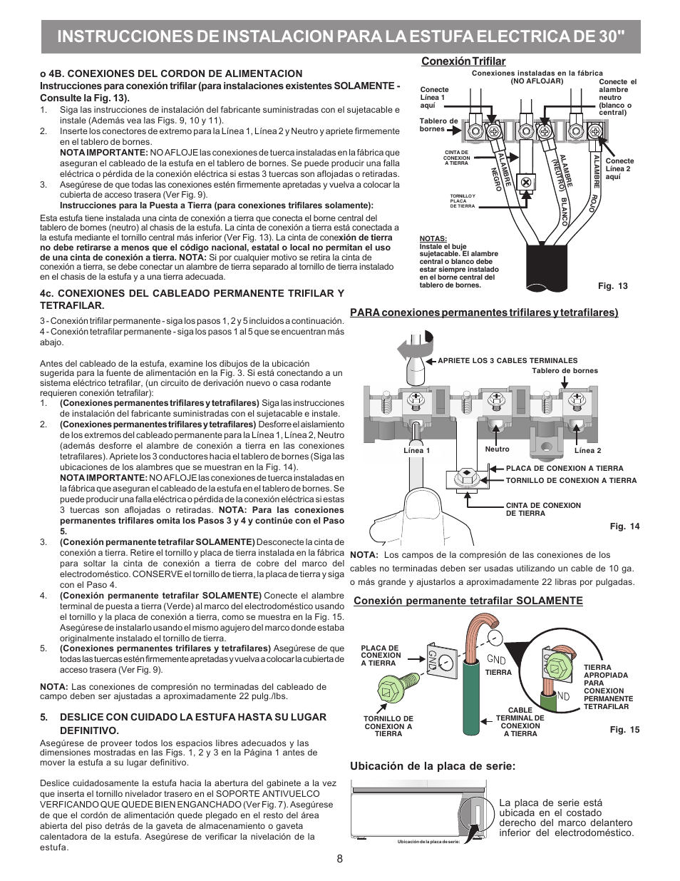 Conexión trifilar, Ubicación de la placa de serie | FRIGIDAIRE FGIF3061NF User Manual | Page 8 / 8