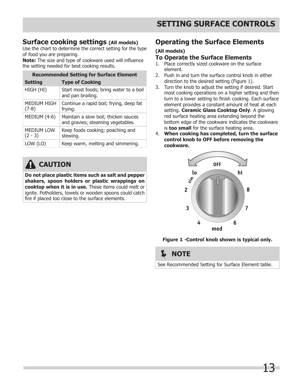 Setting surface controls, Surface cooking settings, Caution | Operating the surface elements | FRIGIDAIRE FFED3025LS User Manual | Page 13 / 32