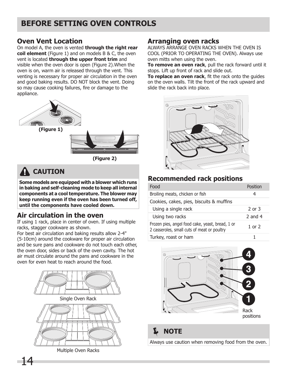 Before setting oven controls, Caution, Air circulation in the oven | Arranging oven racks, Recommended rack positions, Oven vent location | FRIGIDAIRE FFED3025LS User Manual | Page 14 / 32