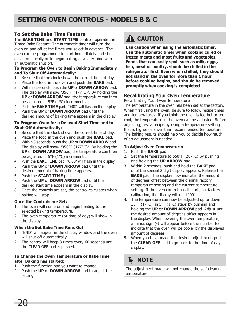 Setting oven controls - models b & c, Caution | FRIGIDAIRE FFED3025LS User Manual | Page 20 / 32