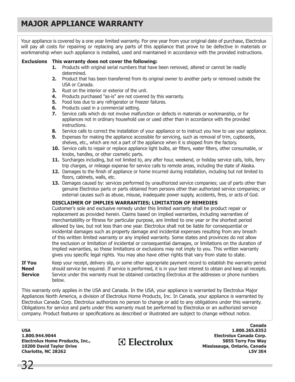 Major appliance warranty | FRIGIDAIRE FFED3025LS User Manual | Page 32 / 32