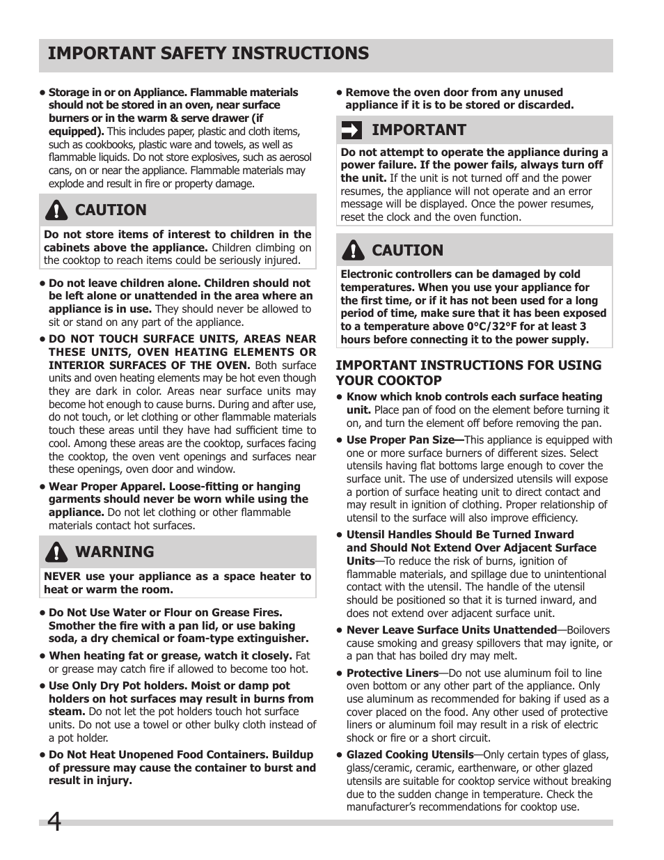 Important safety instructions, Caution, Warning | Important | FRIGIDAIRE FFED3025LS User Manual | Page 4 / 32