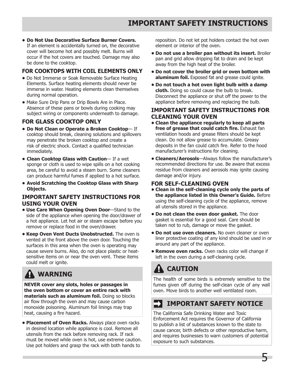 Important safety instructions, Warning, Caution | Important safety notice | FRIGIDAIRE FFED3025LS User Manual | Page 5 / 32