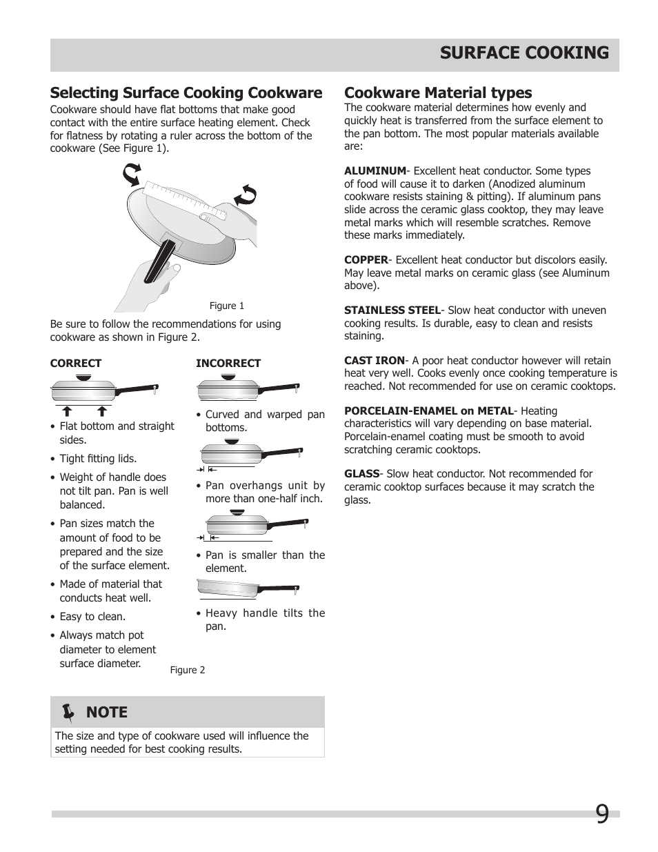 Surface cooking, Selecting surface cooking cookware, Cookware material types | FRIGIDAIRE FFED3025LS User Manual | Page 9 / 32