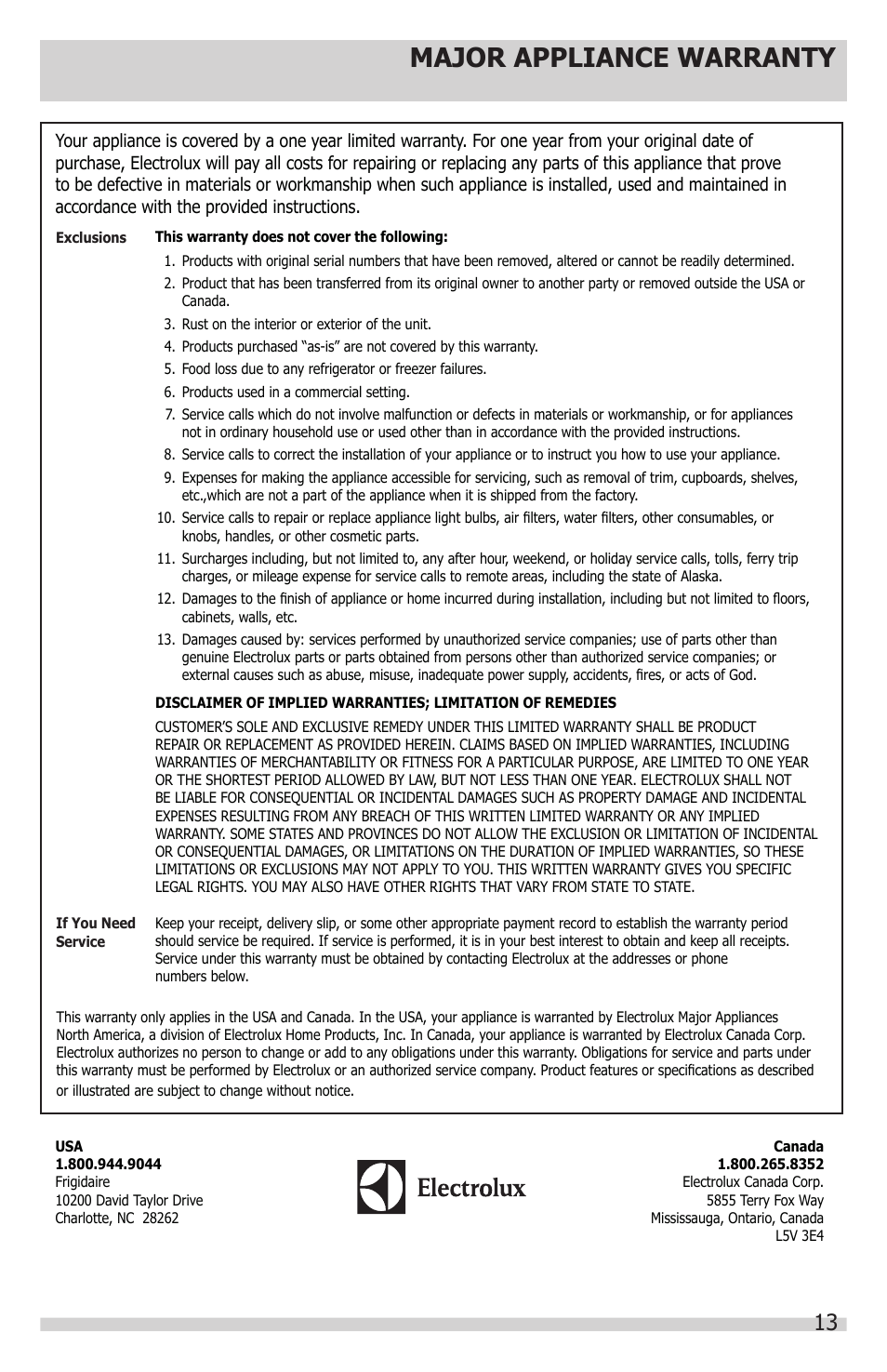 Major appliance warranty information, Major appliance warranty | FRIGIDAIRE FGVU17F8QT User Manual | Page 13 / 13