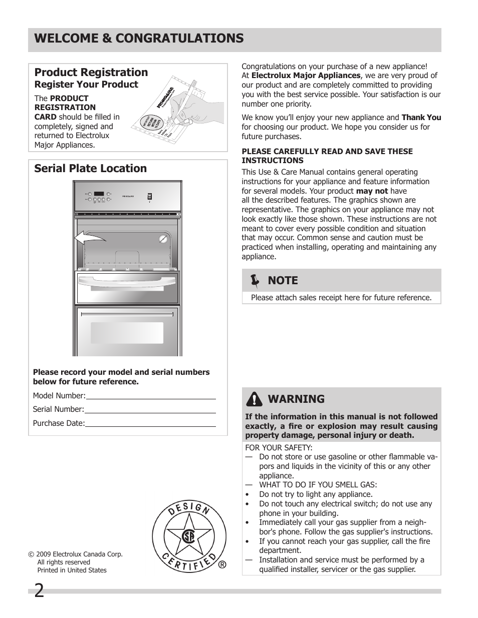 Warning, Product registration, Serial plate location | FRIGIDAIRE FGB24T3ES User Manual | Page 2 / 16