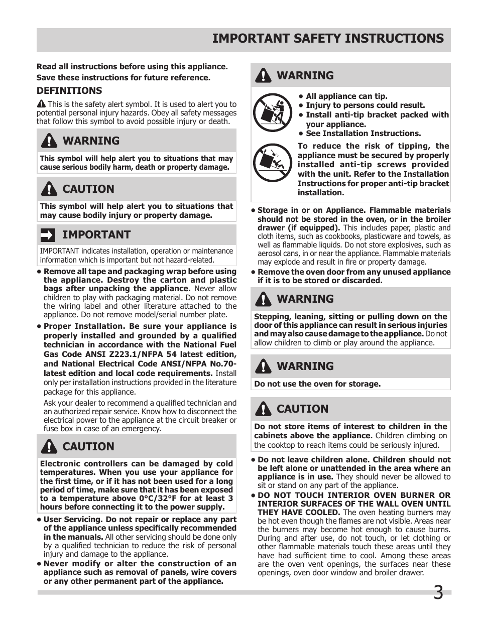 Important safety instructions, Warning, Important | Caution | FRIGIDAIRE FGB24T3ES User Manual | Page 3 / 16
