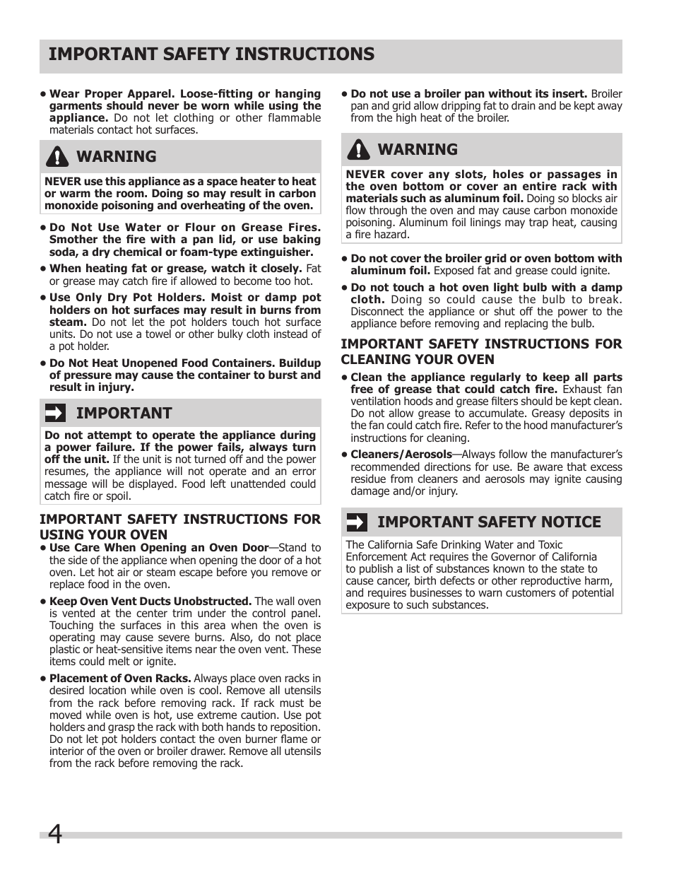 Important safety instructions, Warning, Important | Important safety notice | FRIGIDAIRE FGB24T3ES User Manual | Page 4 / 16