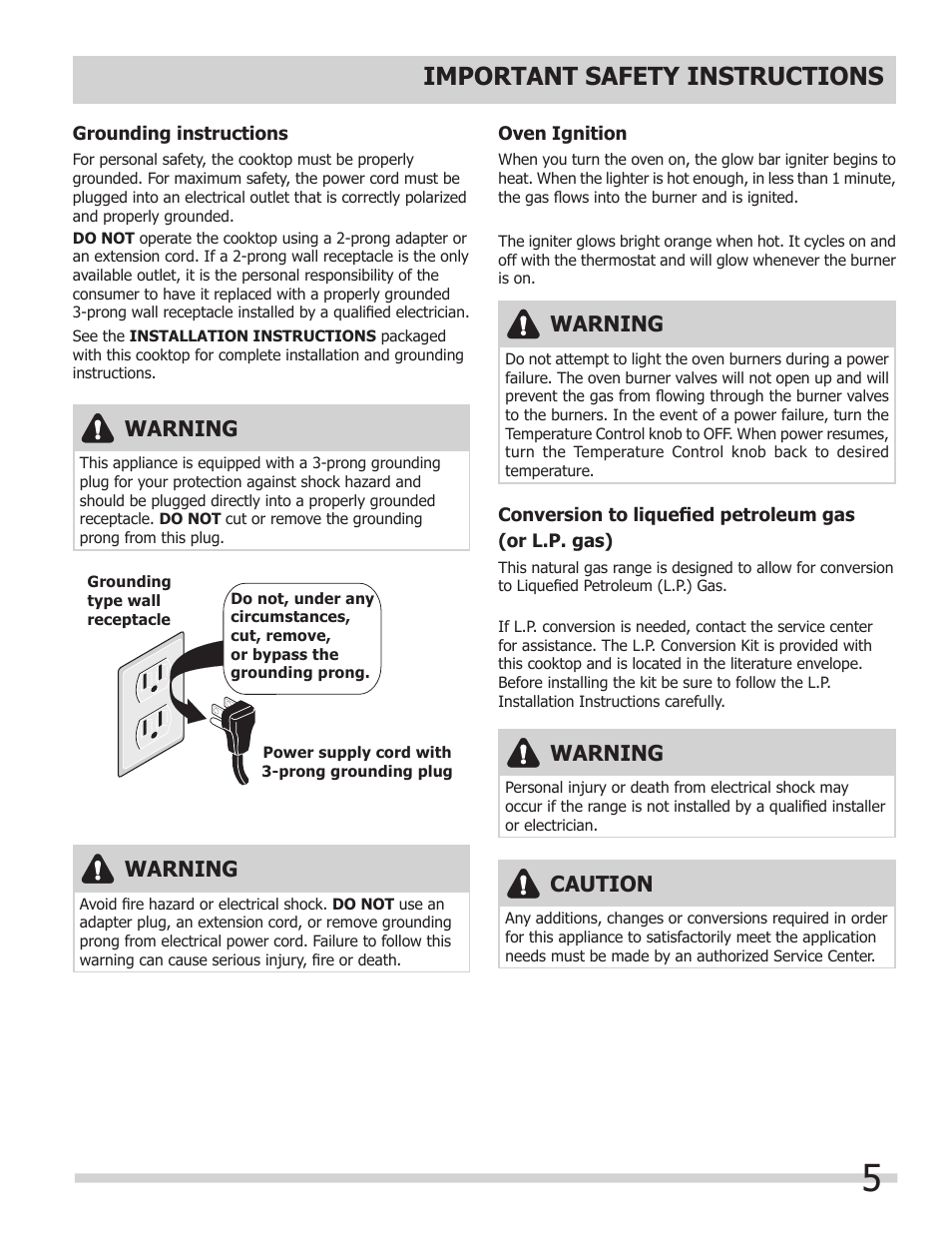 Important safety instructions, Warning, Caution | FRIGIDAIRE FGB24T3ES User Manual | Page 5 / 16