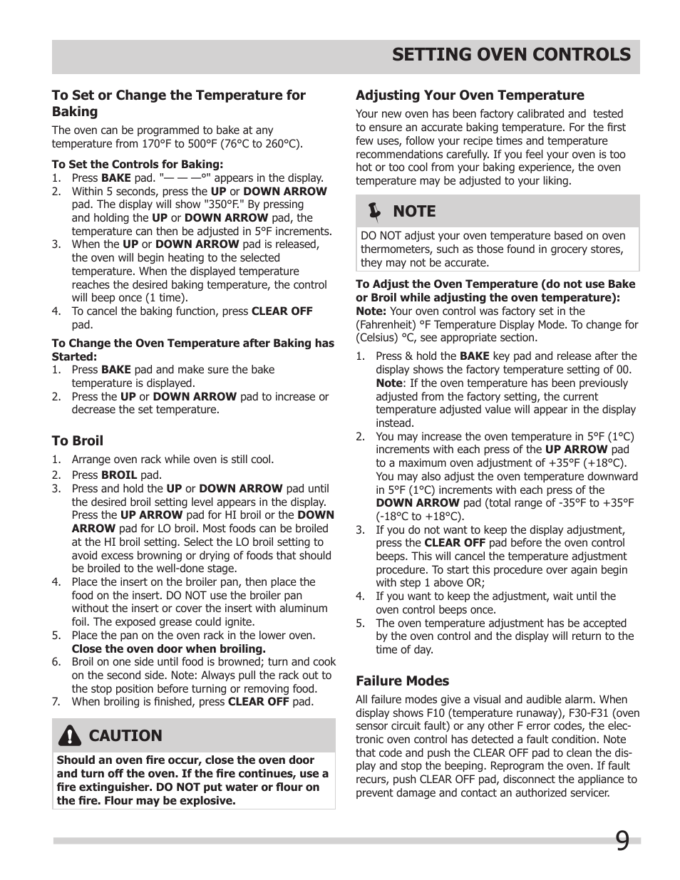 Setting oven controls, Caution | FRIGIDAIRE FGB24T3ES User Manual | Page 9 / 16