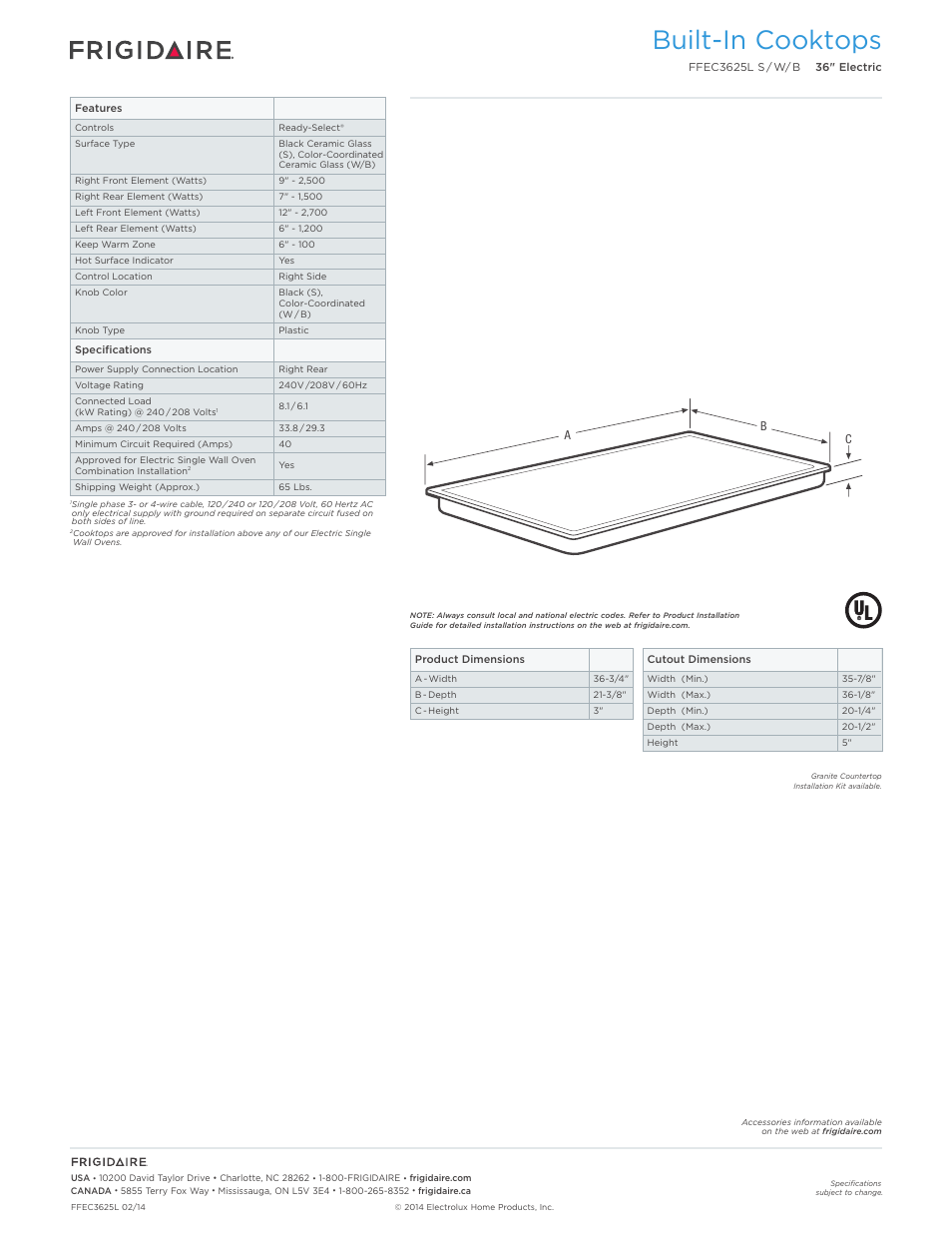 Drop-in electric cooktops frigidaire baseline, Built-in cooktops | FRIGIDAIRE FFEC3625LW User Manual | Page 2 / 5