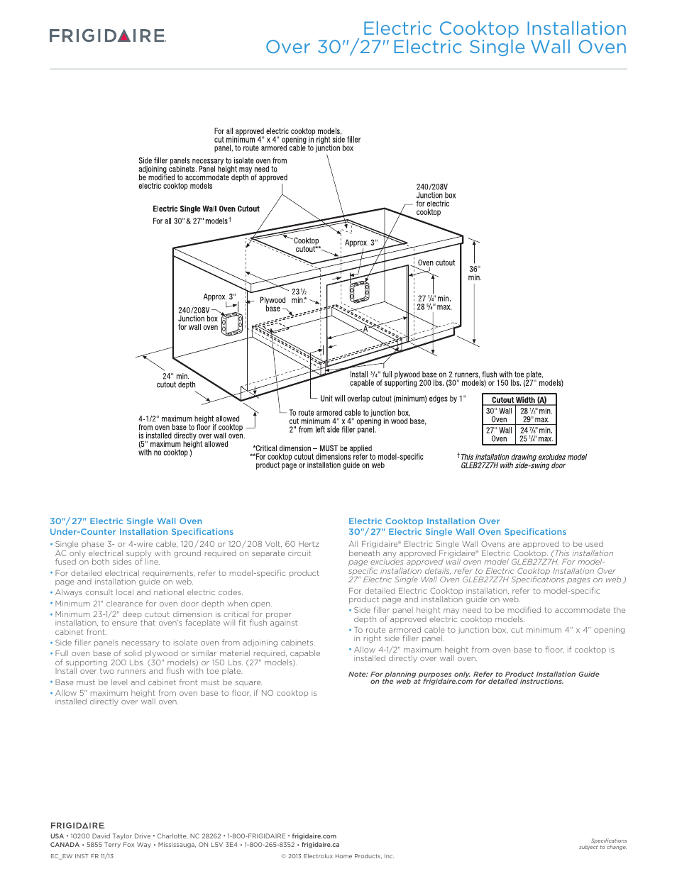 Excludes side swing wall oven) | FRIGIDAIRE FFEC3625LW User Manual | Page 4 / 5