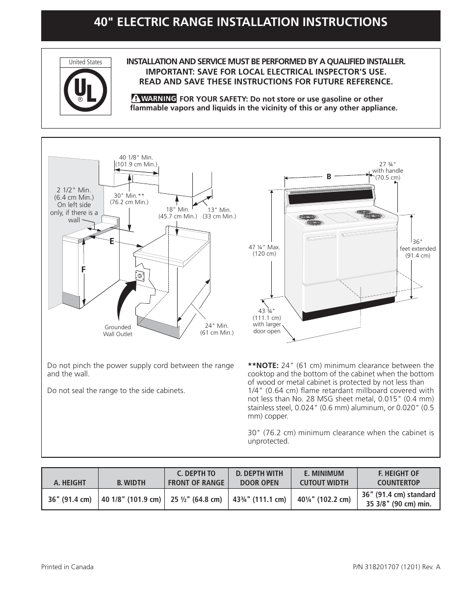 FRIGIDAIRE FFEF4017LB User Manual | 20 pages