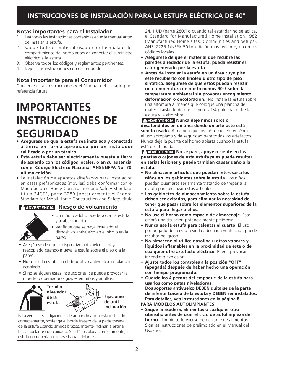 Importantes instrucciones de seguridad | FRIGIDAIRE FFEF4017LB User Manual | Page 12 / 20