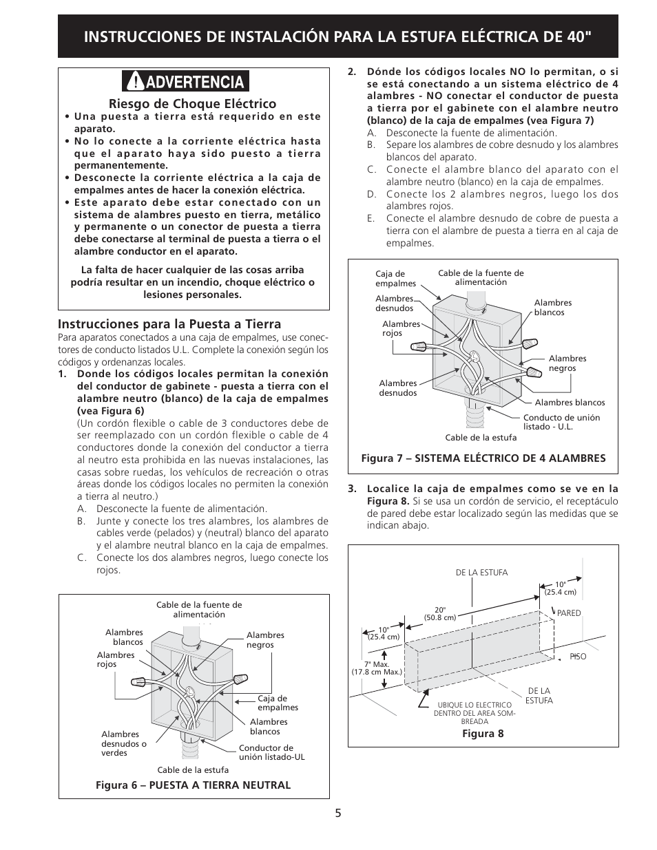 Instrucciones para la puesta a tierra, Riesgo de choque eléctrico | FRIGIDAIRE FFEF4017LB User Manual | Page 15 / 20