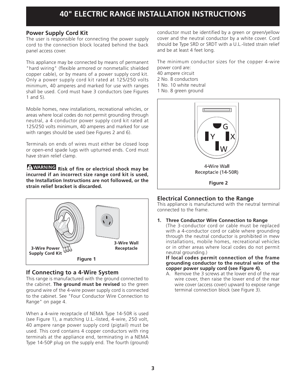 40" electric range installation instructions | FRIGIDAIRE FFEF4017LB User Manual | Page 3 / 20