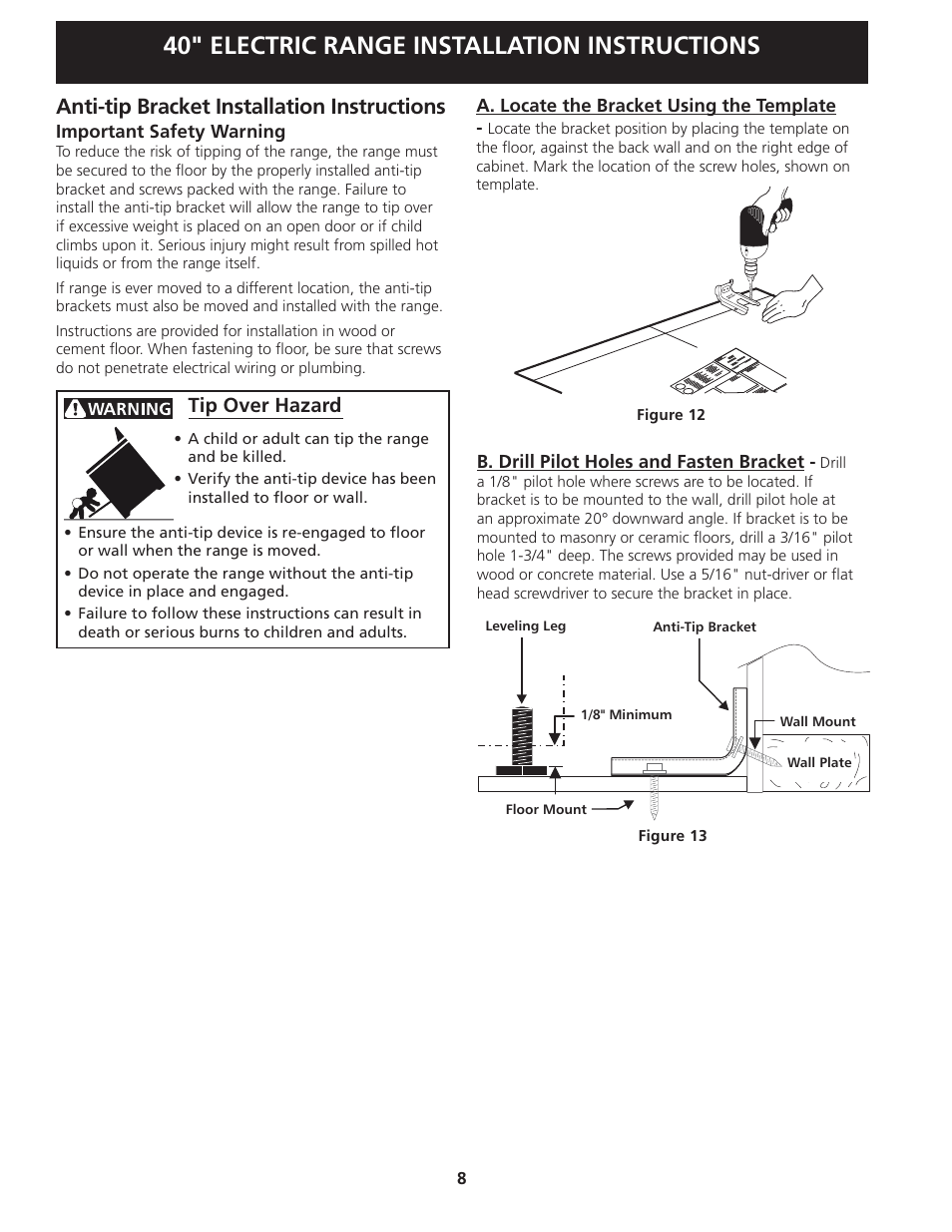 40" electric range installation instructions, Anti-tip bracket installation instructions, Tip over hazard | FRIGIDAIRE FFEF4017LB User Manual | Page 8 / 20