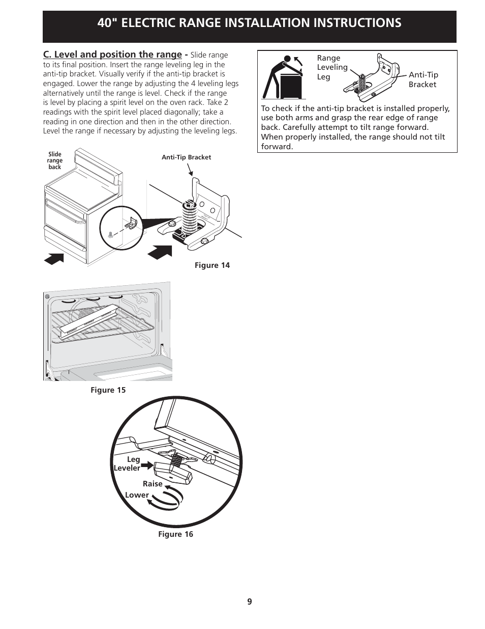40" electric range installation instructions, C. level and position the range | FRIGIDAIRE FFEF4017LB User Manual | Page 9 / 20
