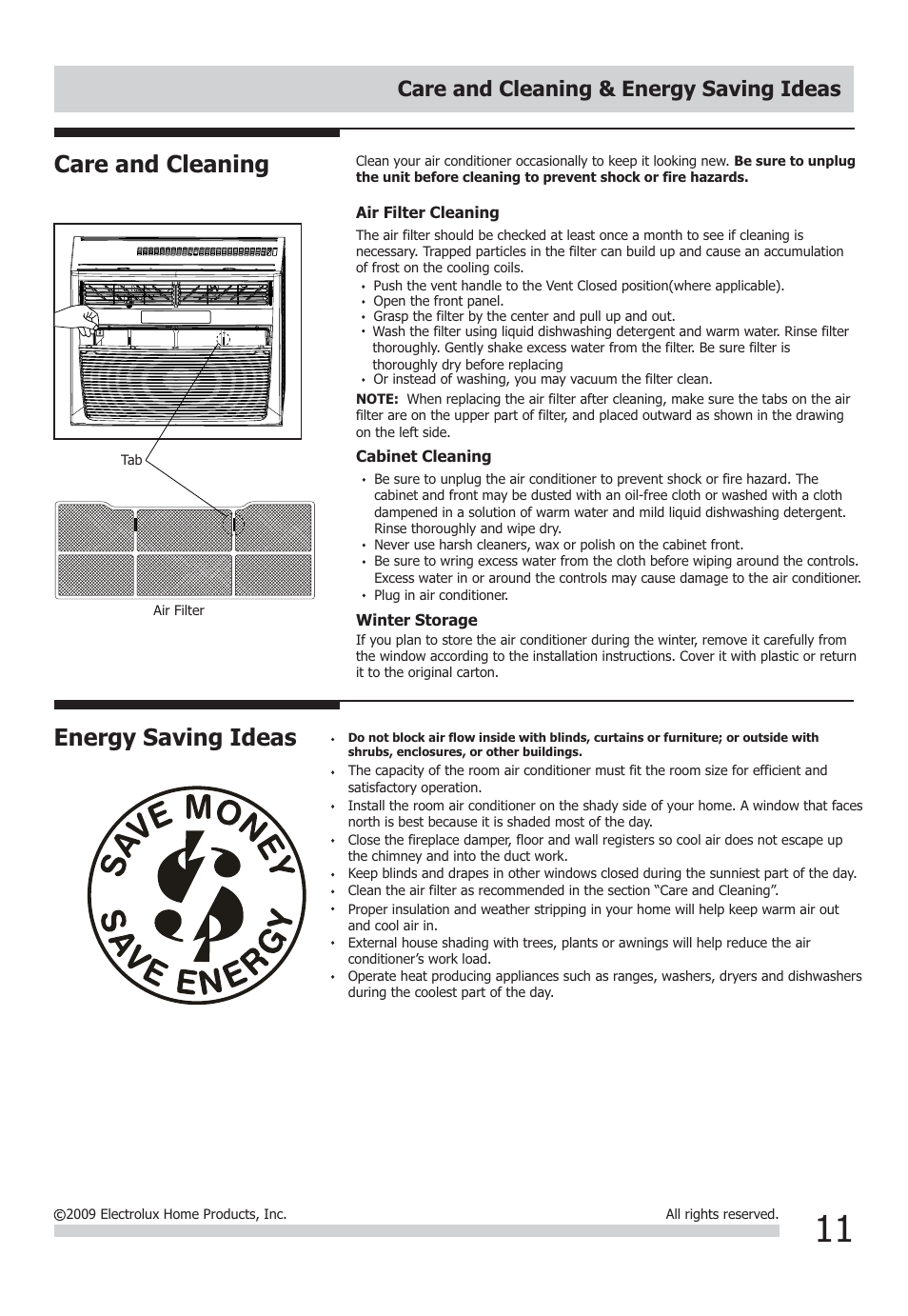 Energy saving ideas, Care and cleaning, Care and cleaning & energy saving ideas | FRIGIDAIRE FFRE1233Q1 User Manual | Page 11 / 13