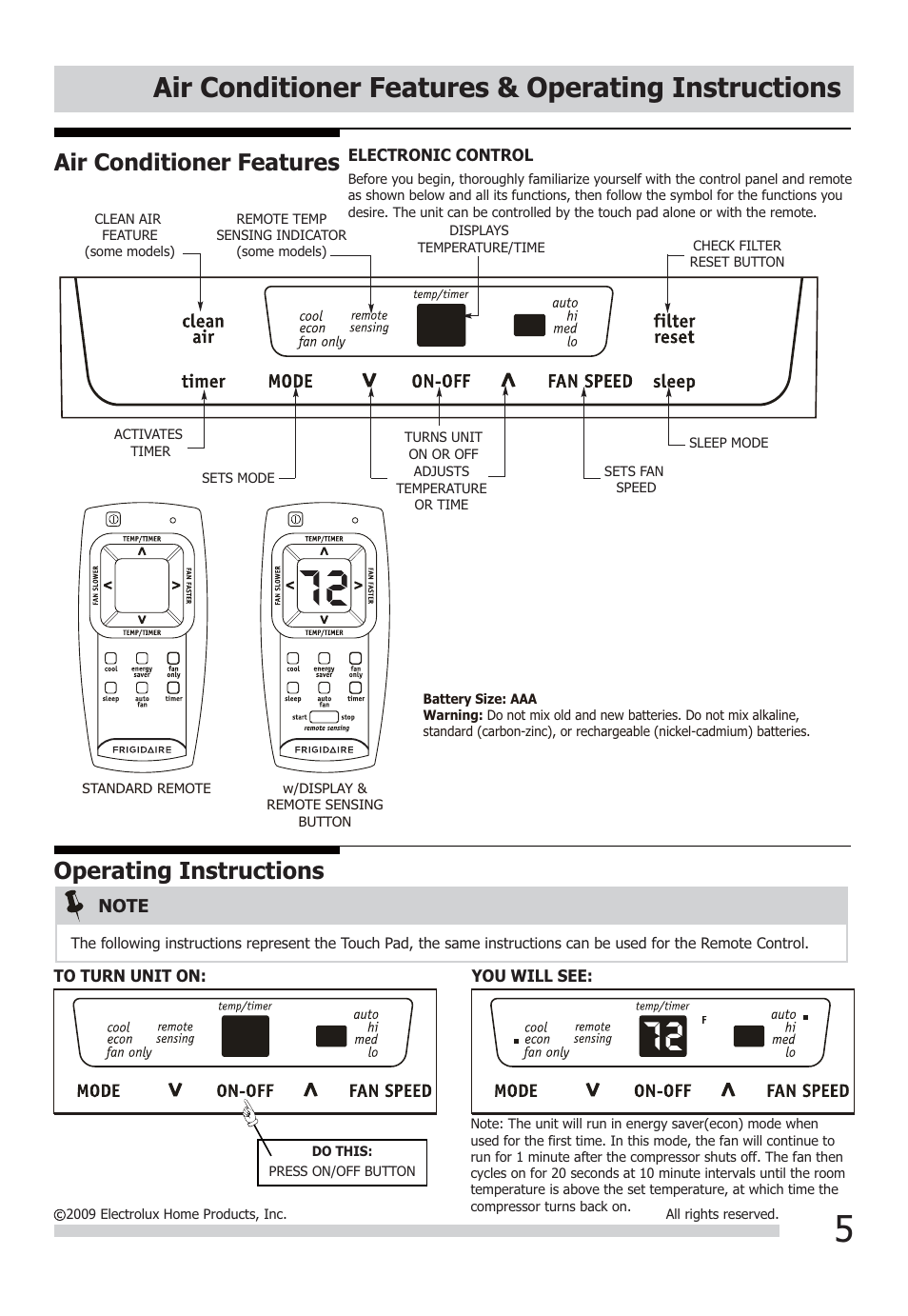 Air conditioner features & operating instructions, Air conditioner features, Operating instructions | FRIGIDAIRE FFRE1233Q1 User Manual | Page 5 / 13